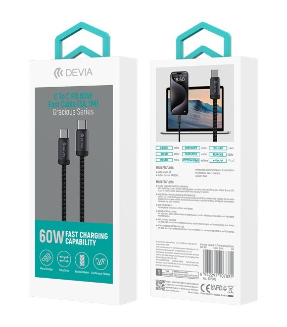 Cavo Devia Type-C PD 60W 1m Nero | Affidabile e Veloce