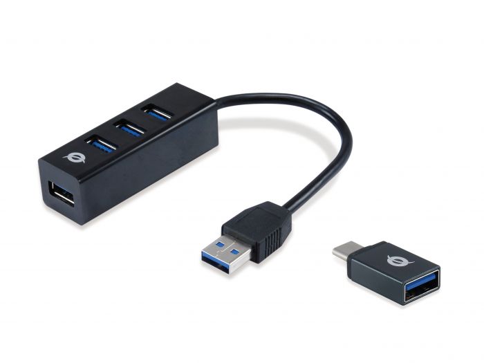 Hub USB 3 Porte Conceptronic Nero con Adattatore USB-C Scopri